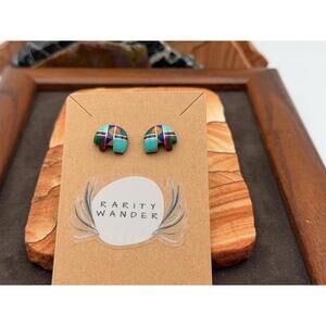 Vintage Southwestern Sterling Silver Stud Bear Inlay Geometric Pattern Earrings